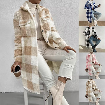 Outwear Jacket Holiday Ladies Winter Warm Outwear Plaid Long Jacket Shacket Cardigan Womens Tartan Check Jacket