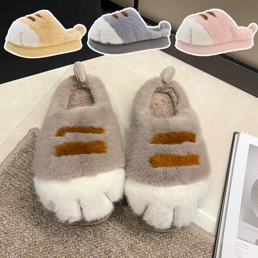 3D Cat Paw Plush Slippers Flat Thermal Slippers Comfortable Fluffy Home Slippers anti Slip Cute Paw Slippers for Indoor Bedroom