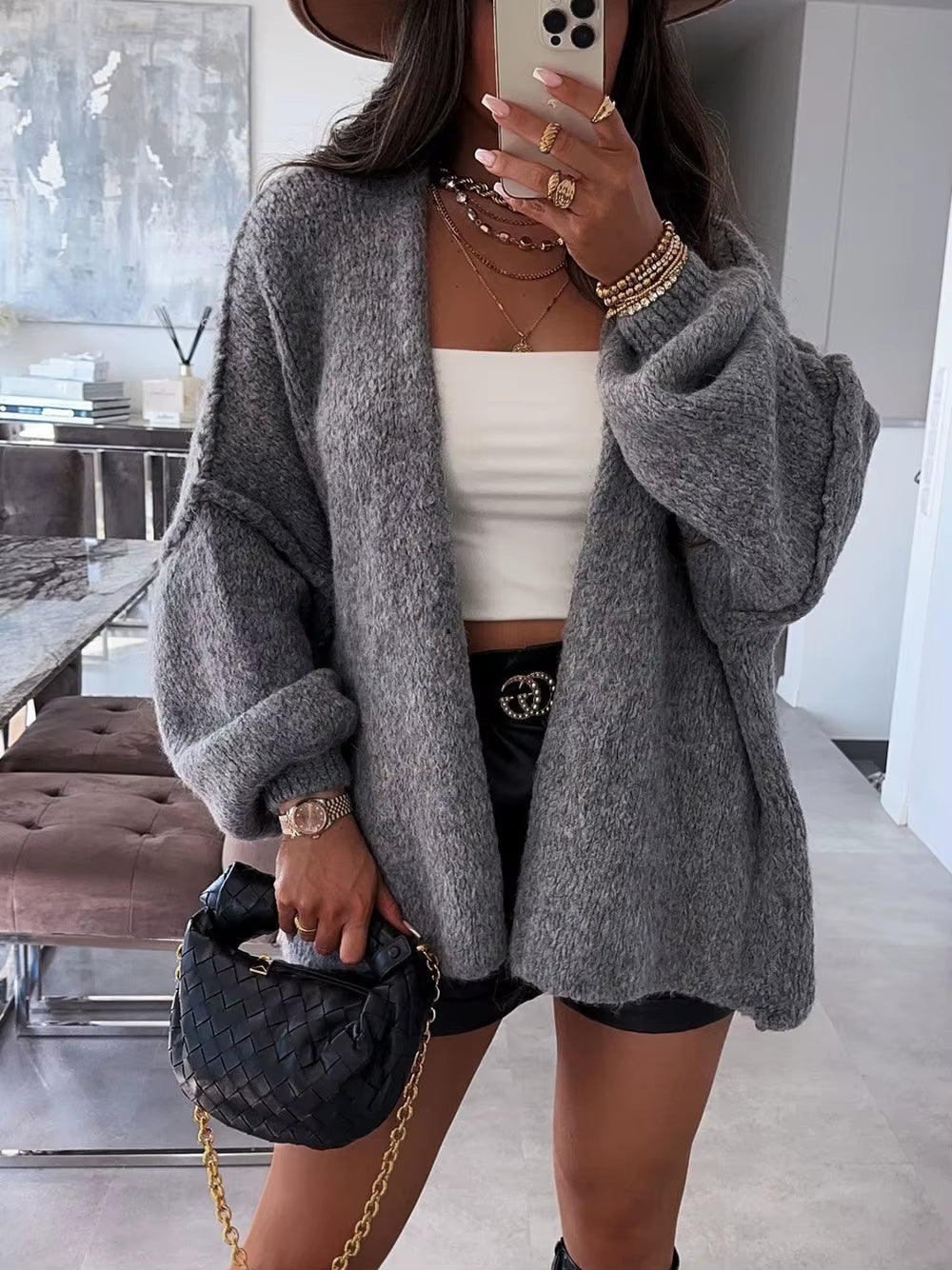 Autumn Winter New Casual Knitted Sweater Cardigan Jacket Loose Long Sleeve Solid Color Mid-Length Sweater Women Cardigan Jacket