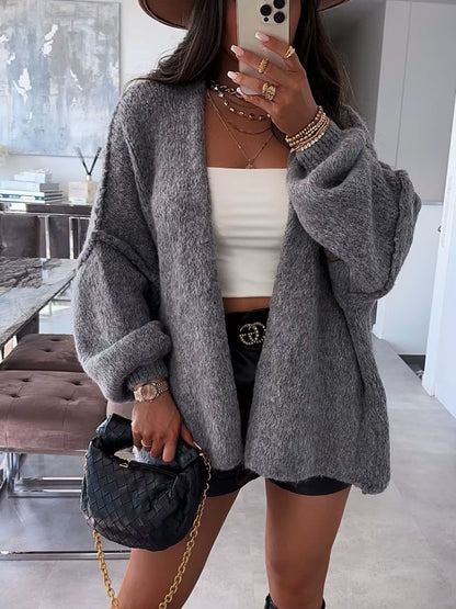 Autumn Winter New Casual Knitted Sweater Cardigan Jacket Loose Long Sleeve Solid Color Mid-Length Sweater Women Cardigan Jacket