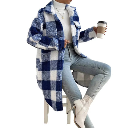 Outwear Jacket Holiday Ladies Winter Warm Outwear Plaid Long Jacket Shacket Cardigan Womens Tartan Check Jacket
