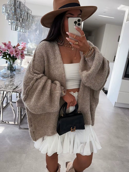 Autumn Winter New Casual Knitted Sweater Cardigan Jacket Loose Long Sleeve Solid Color Mid-Length Sweater Women Cardigan Jacket